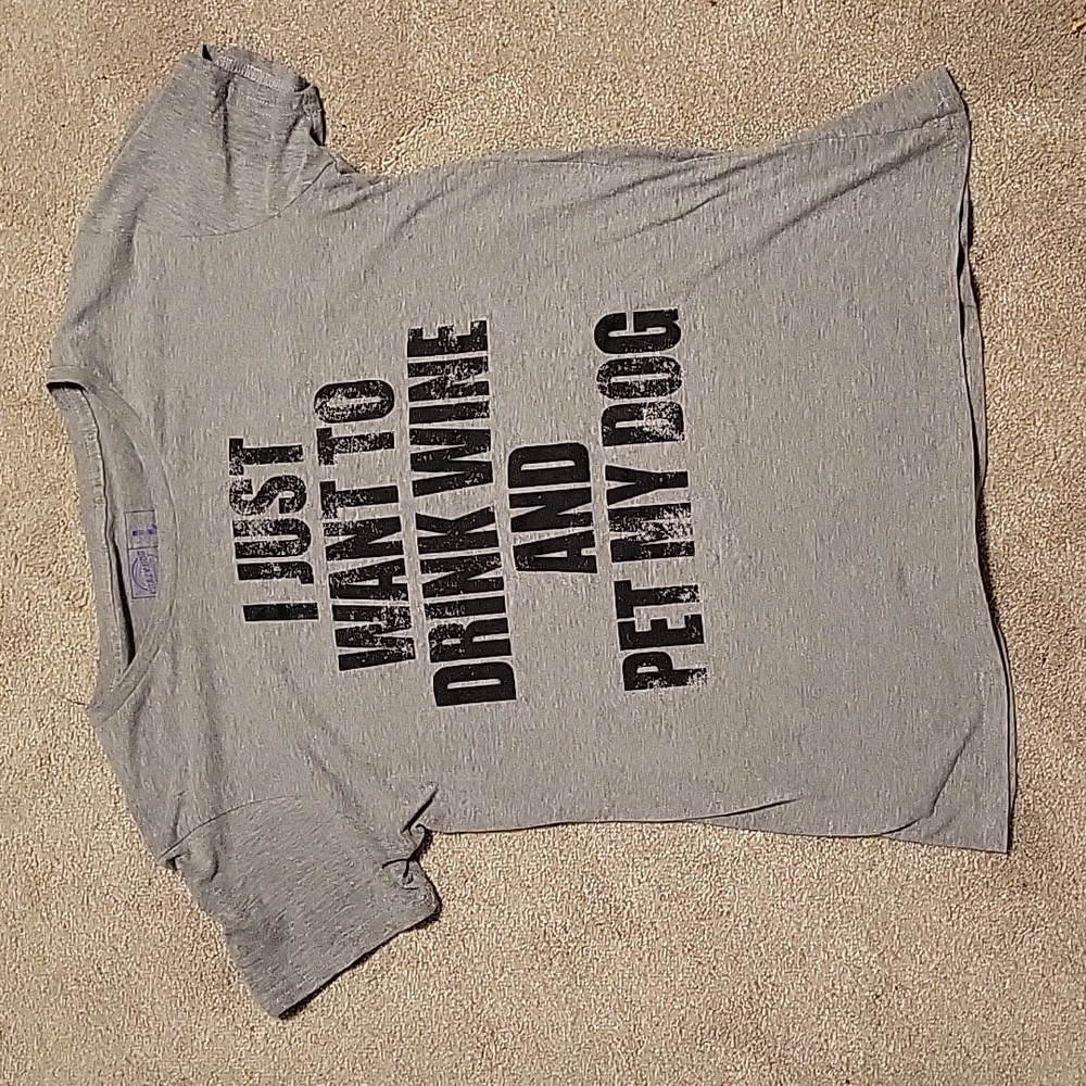 T-shirt "I just want to drink wine and pet my dog". Womens sz L. Gray